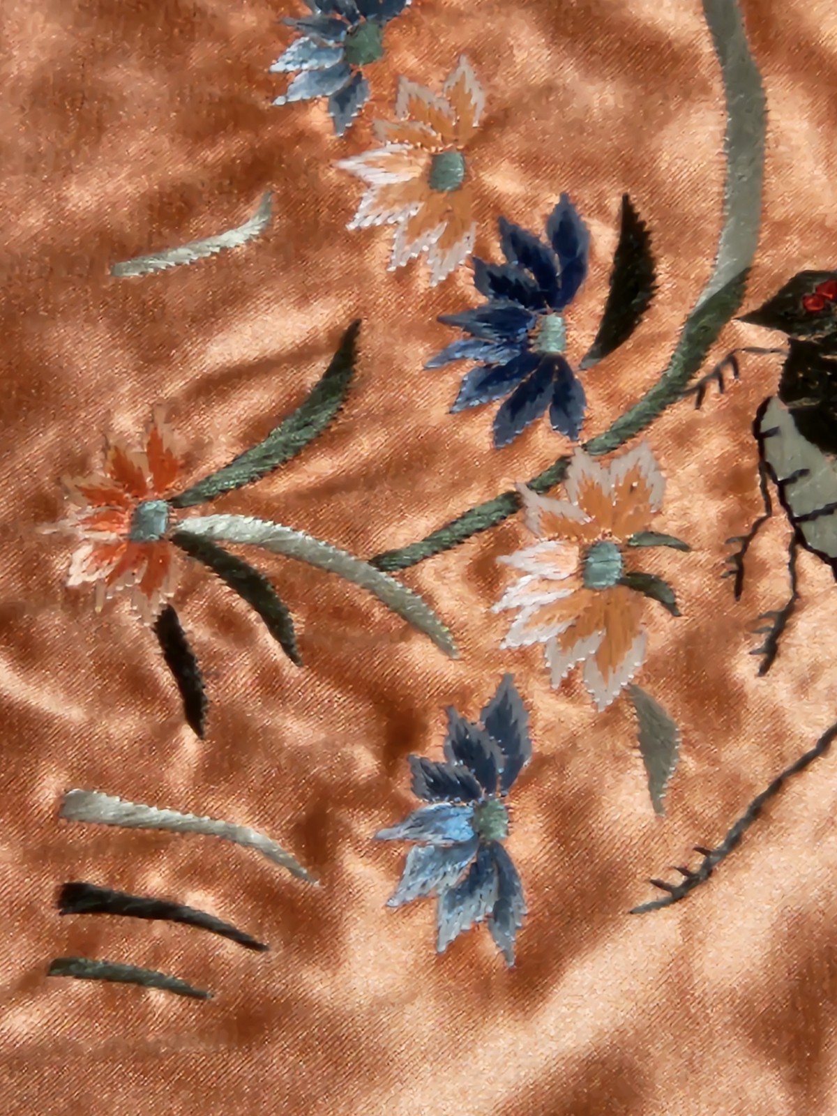 Vintage Chinese Hand Embroidered Silk Panel Flowers Grasshopper Design