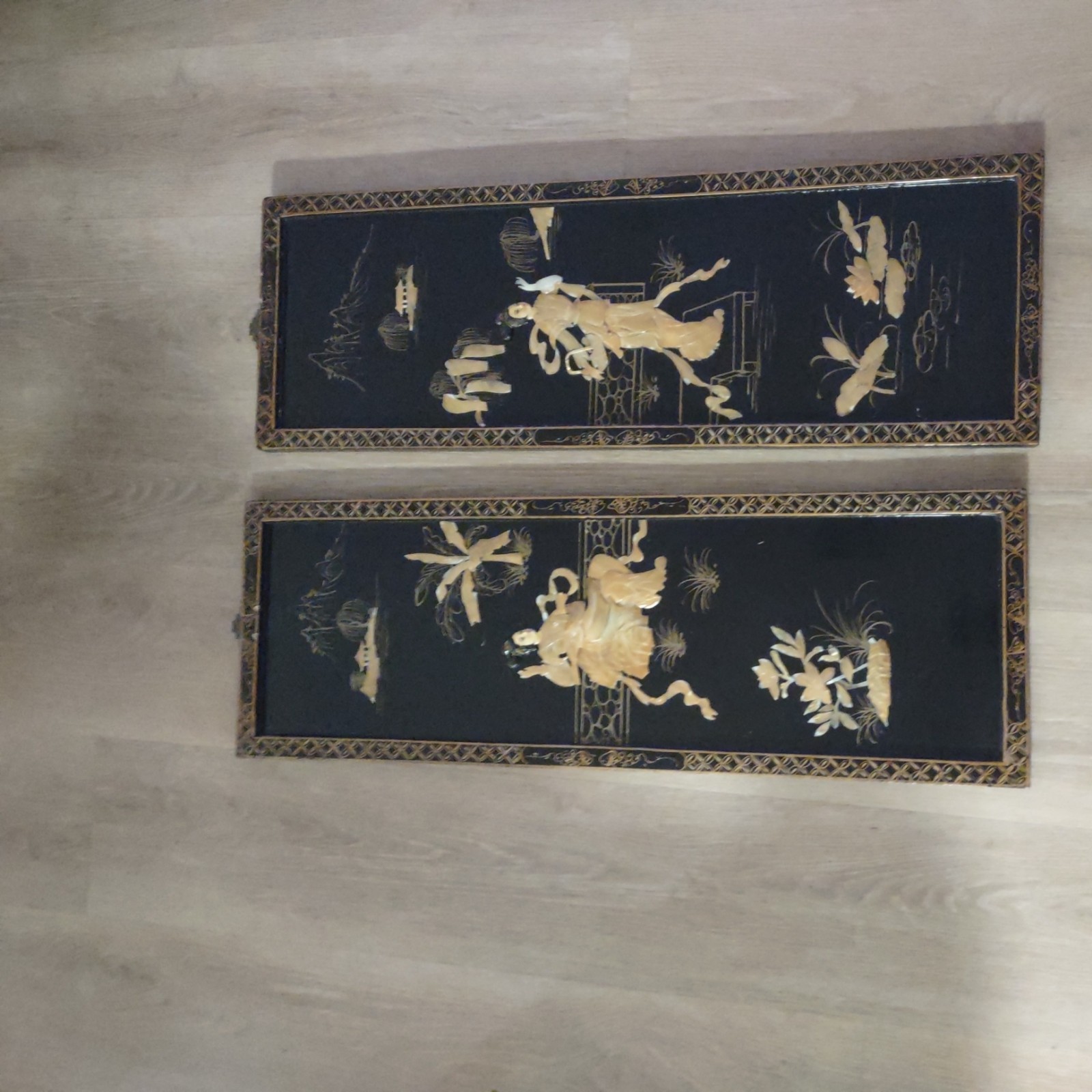 👸🏼💰4 Vintage Black Lacquer Chinese Vietnamese Wall Art Jade