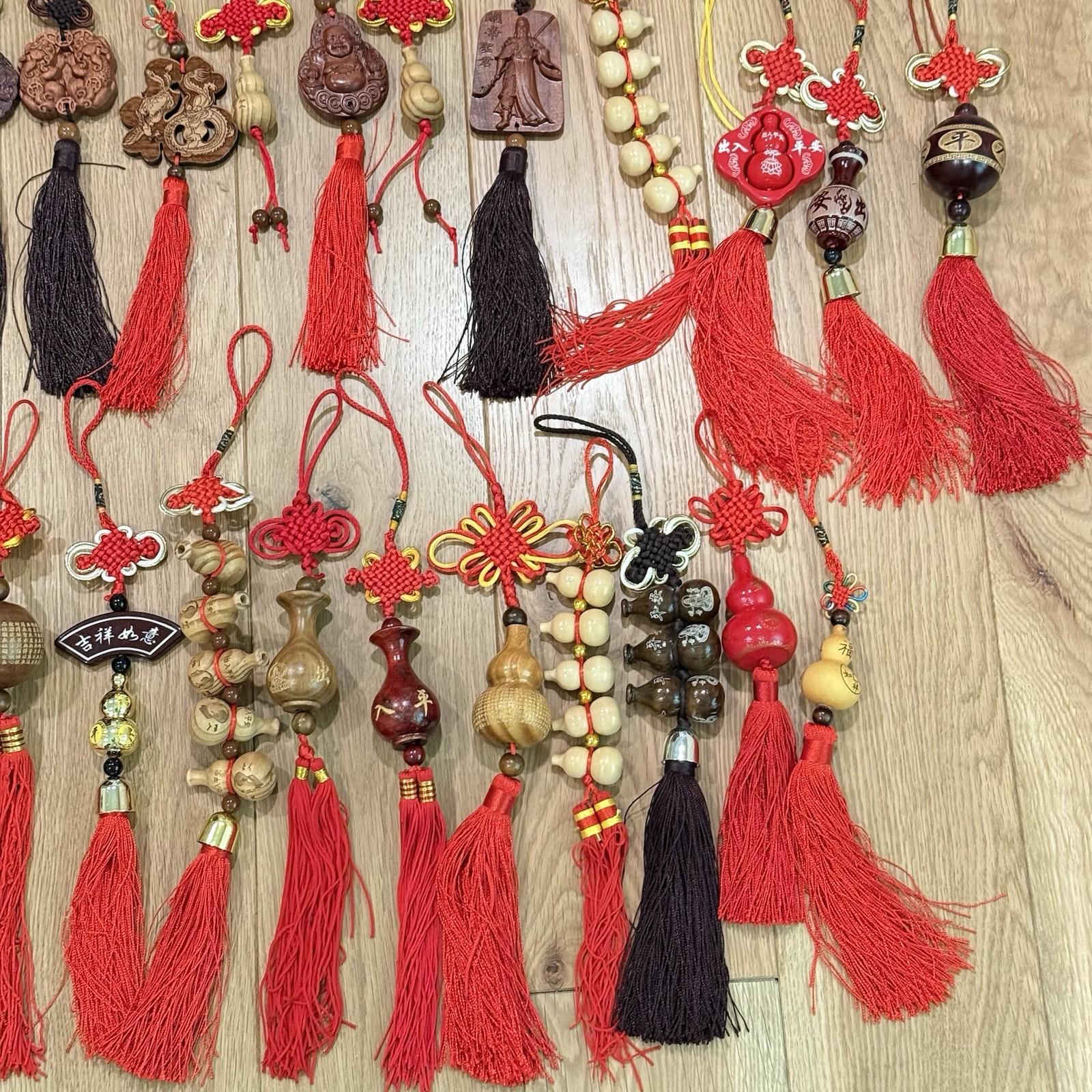 LOT OF Chinese Asian Good Luck Wall Hanging Wood Carve Porcelain Ornament Tassel