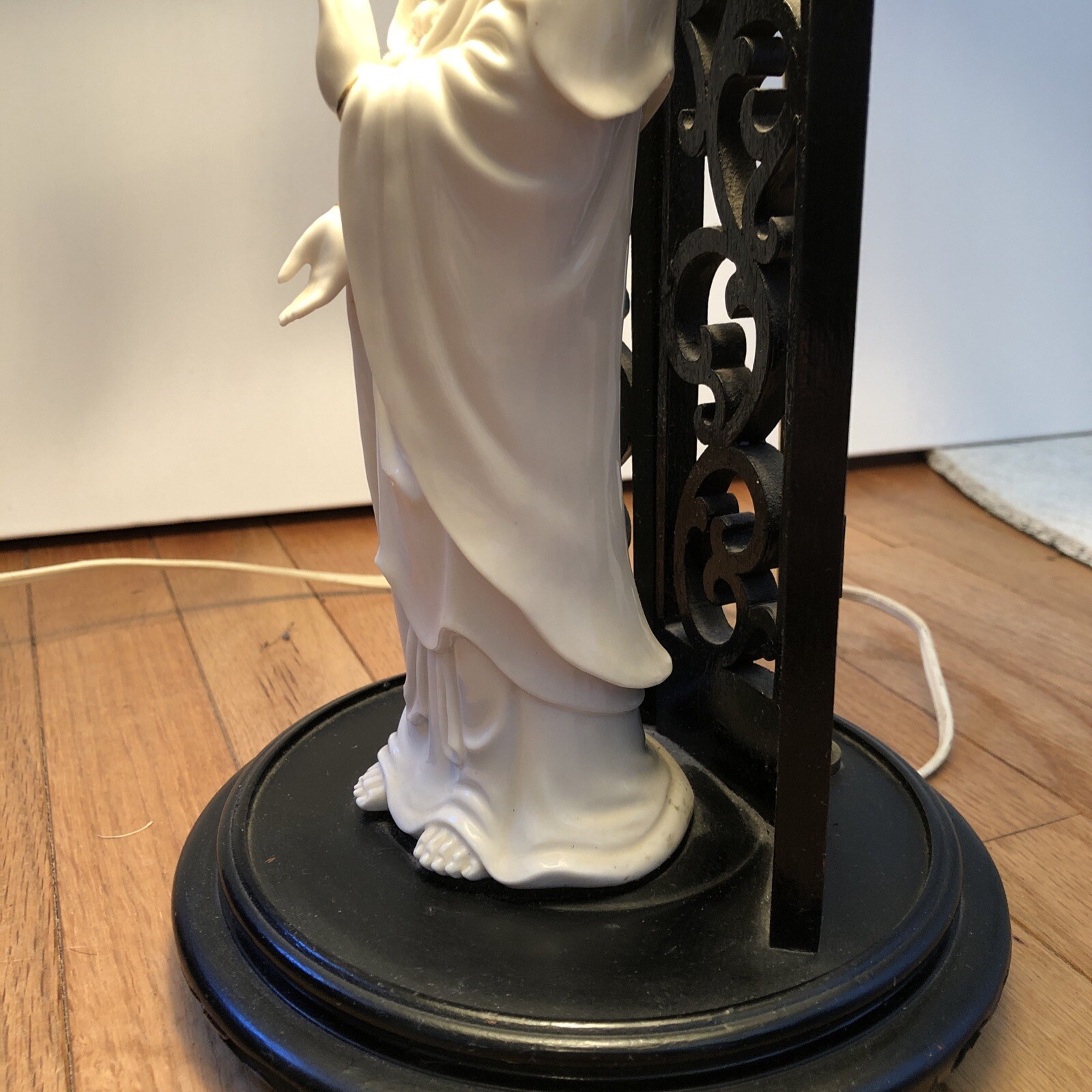 Blanc De Chine Buddha Figurine Lamp Green Shade Wooden Stand Vintage Asian Boho