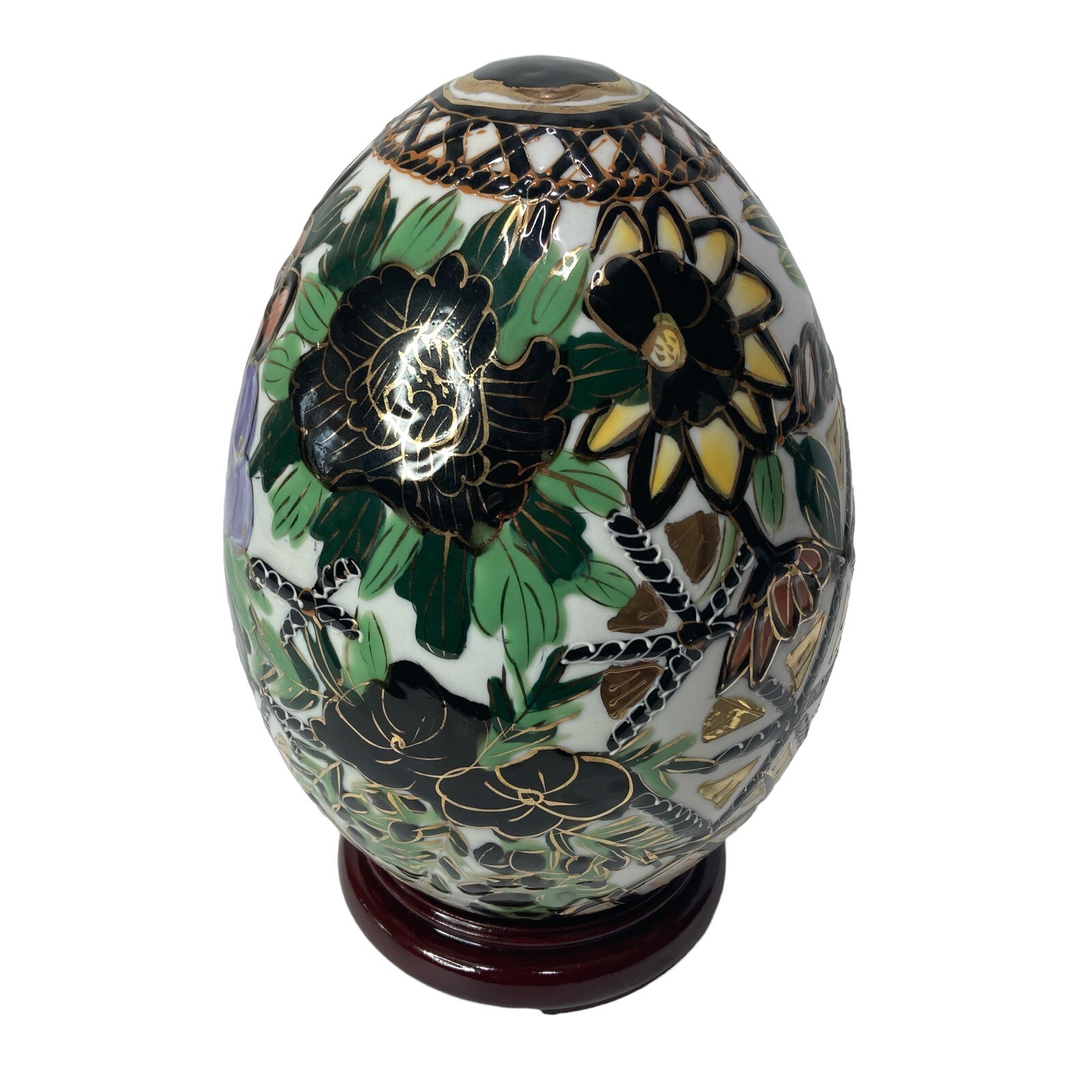 Chinese Porcelain Egg Black Gold Floral 9″ with Stand Decor multicolor Vintage