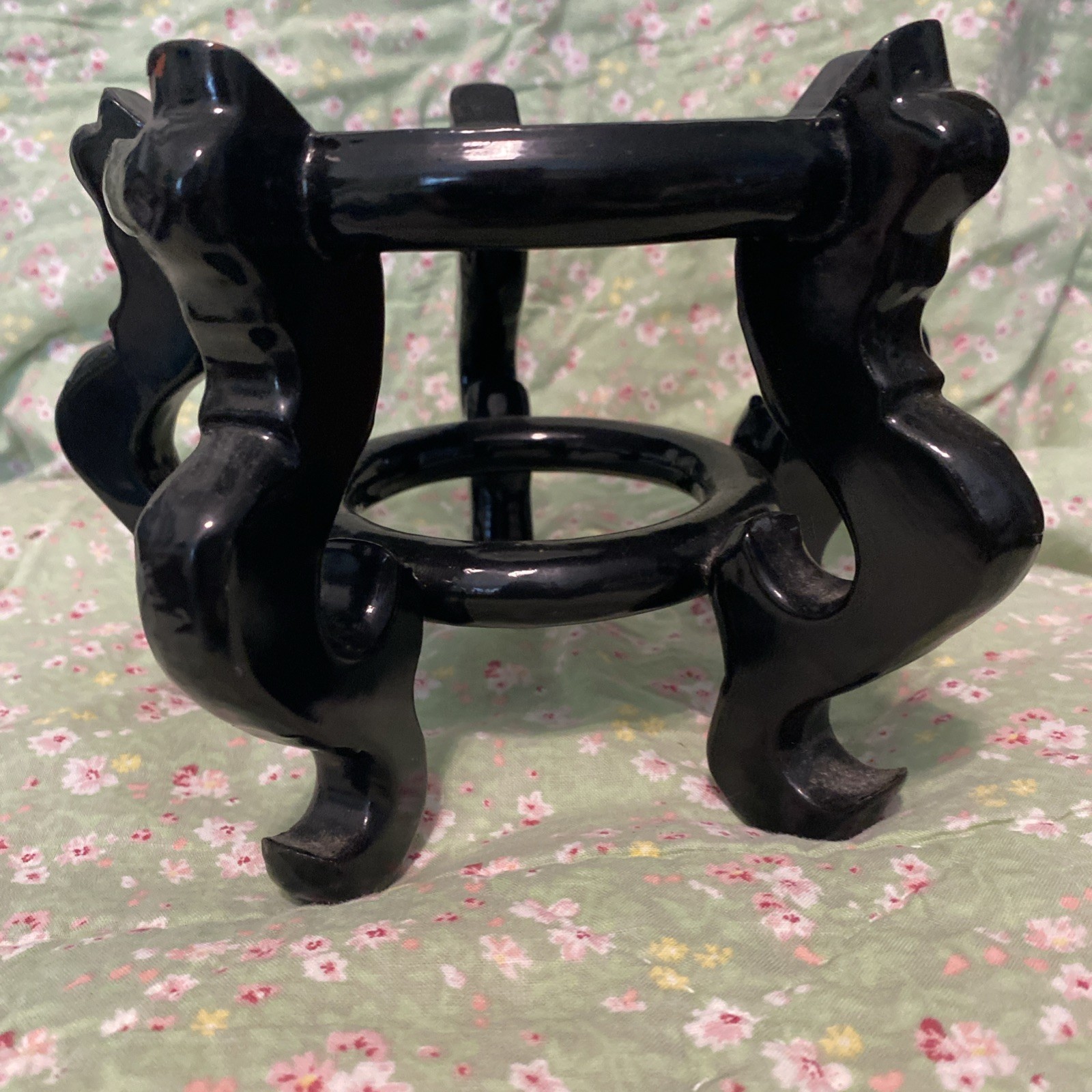 Asian Wood Stand 5 Leg Carved Pedestal Holds pot 5” Diameter High Gloss Black