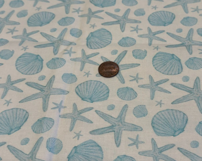 Seashells*Light Blue*on Sand*Cream* P&B Textiles* 100% Cotton Remnant* 8″ x 21″
