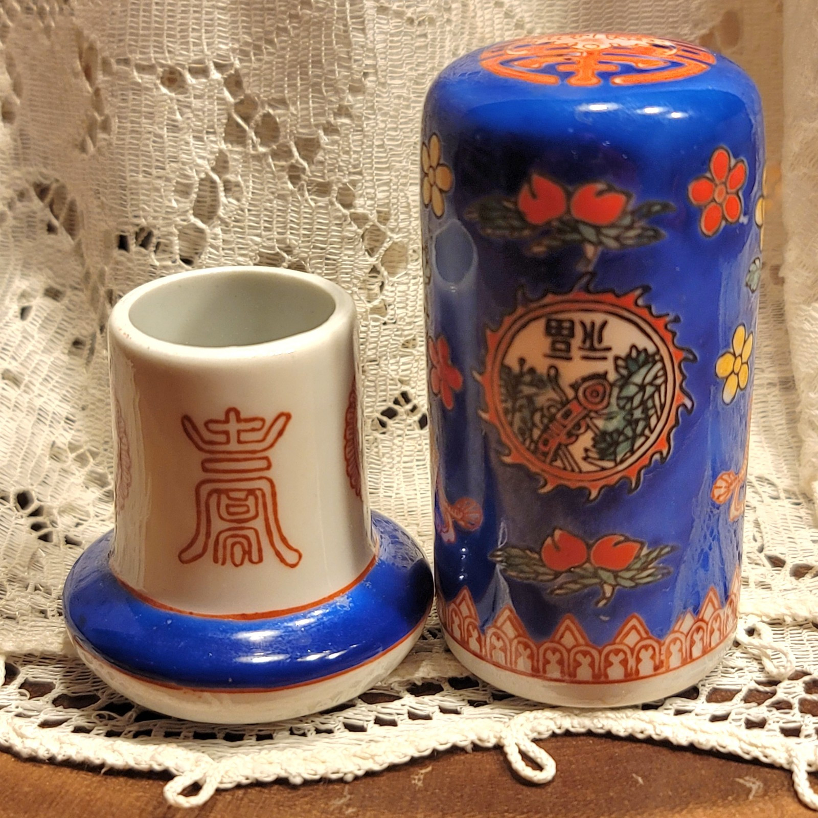 VTG Pretty Asian Porcelain 2-Piece Toothpick Holder Vessel Handpainted Signed