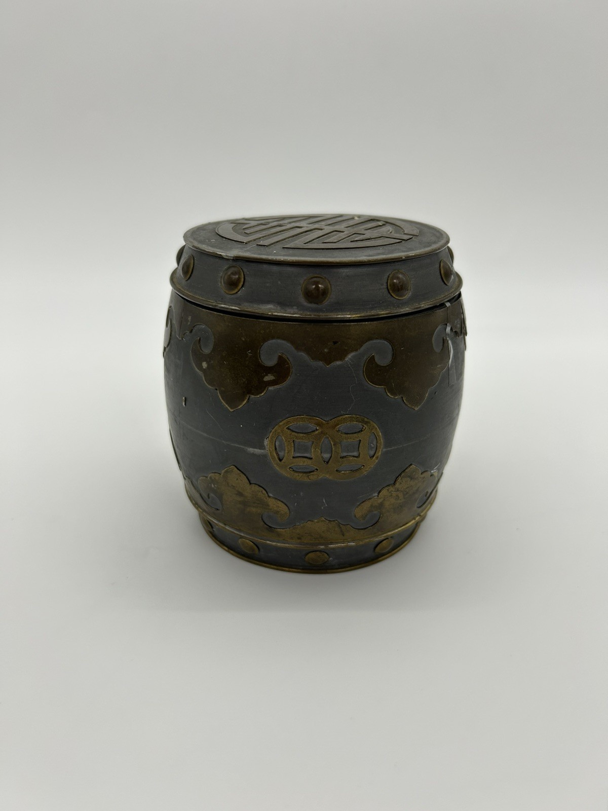 Vintage Chinese Solid Pewter & Brass 3.5” Ornate Tobacco Jar Tea Caddy Hong Kong