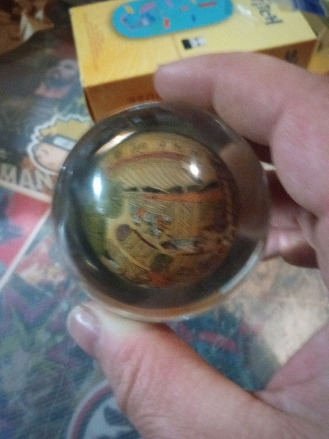 Vintage Chinese Hand Reverse Painted Glass Globe / Wooden Base Stand – 5″ Sphere