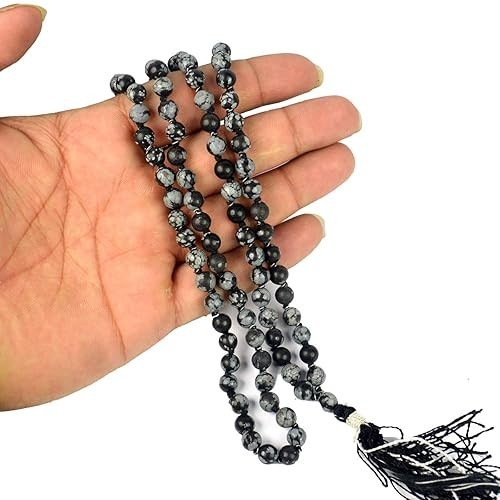 Natural Snowflake Obsidian Mala Bead Necklace, 108 Meditation Beads, Meditation