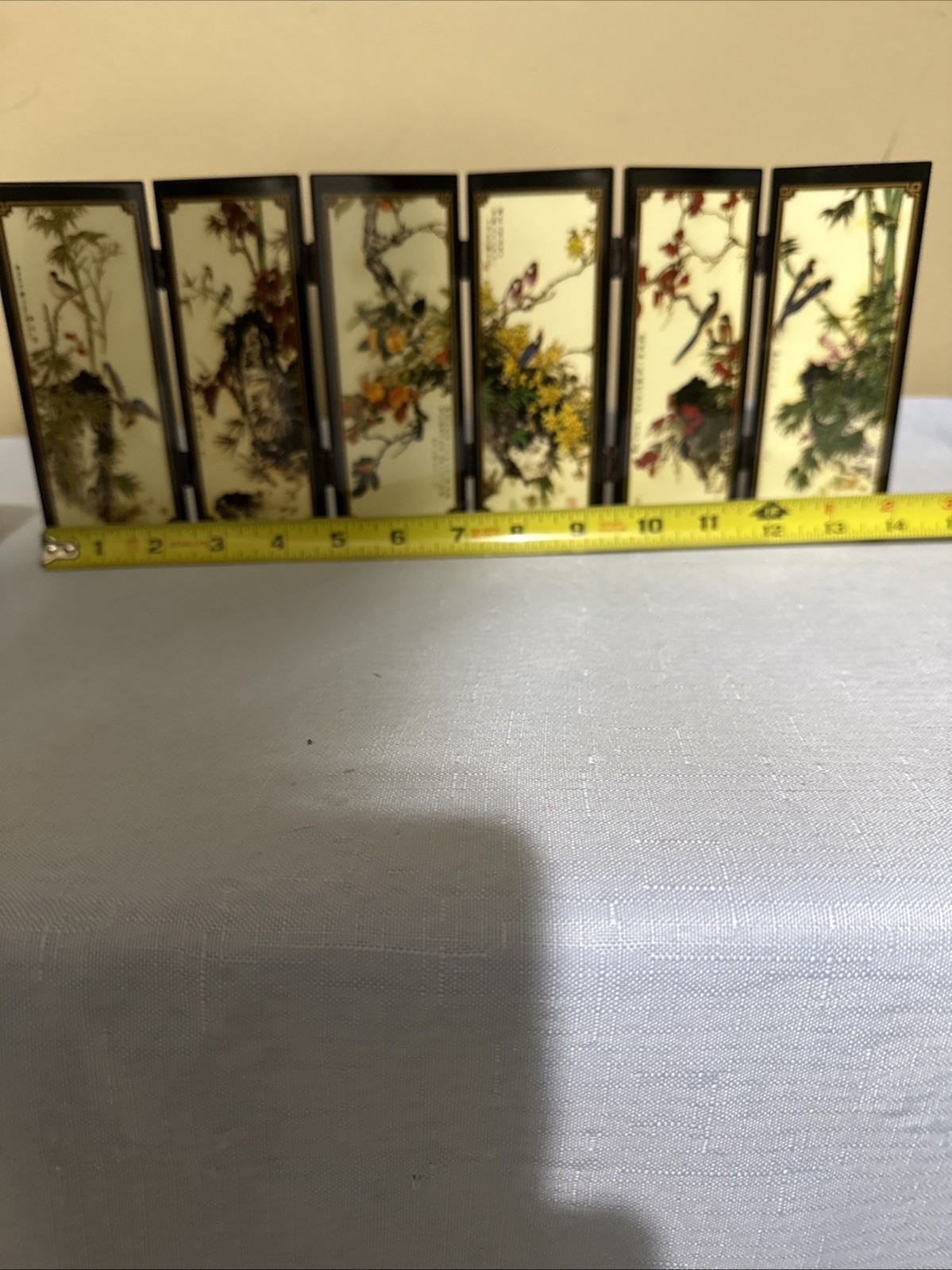Mini Chinese Folding Screen Birds and Flowers Table Top 6 Panel
