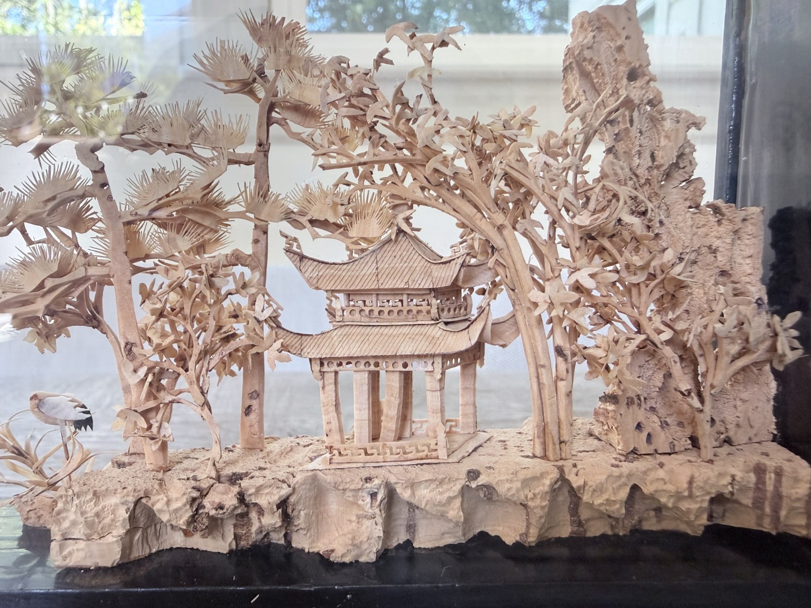 Vintage Chinese Cork Carving Shadow Box Hand Carved Pavilion Landscape 1980s