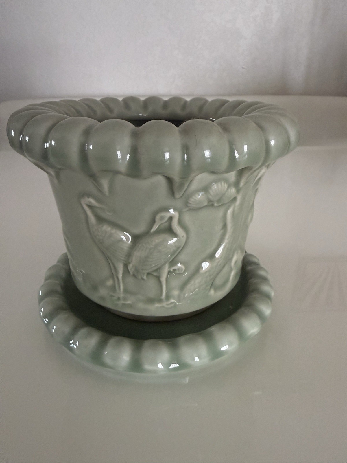 VTG Chinese Celadon Planter Pot With Scalloped Top And Tray Bonsai With Crane