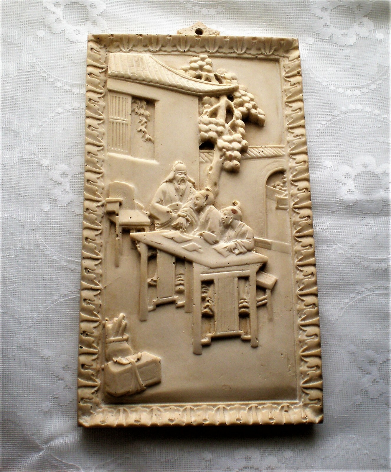 Vintage Oriental Asian Chinese Soapstone Bas Relief Wall Hanging Decor Plaque
