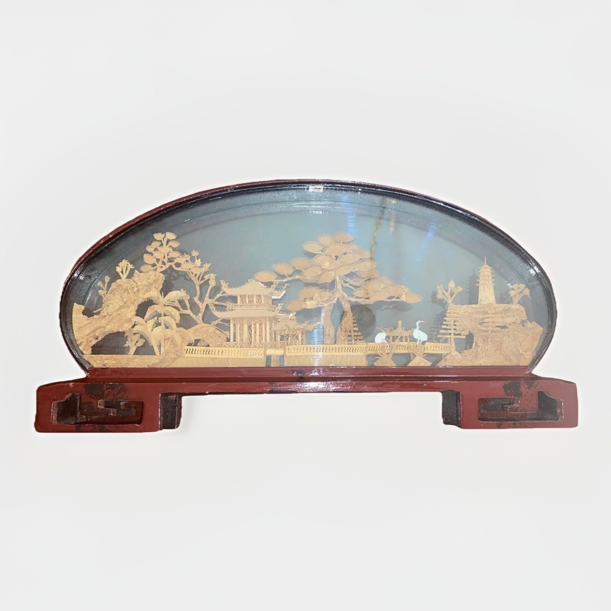 Vintage Large Chinese Cork Art In Glass Box Birds Garden Soothing Scenery 14” L