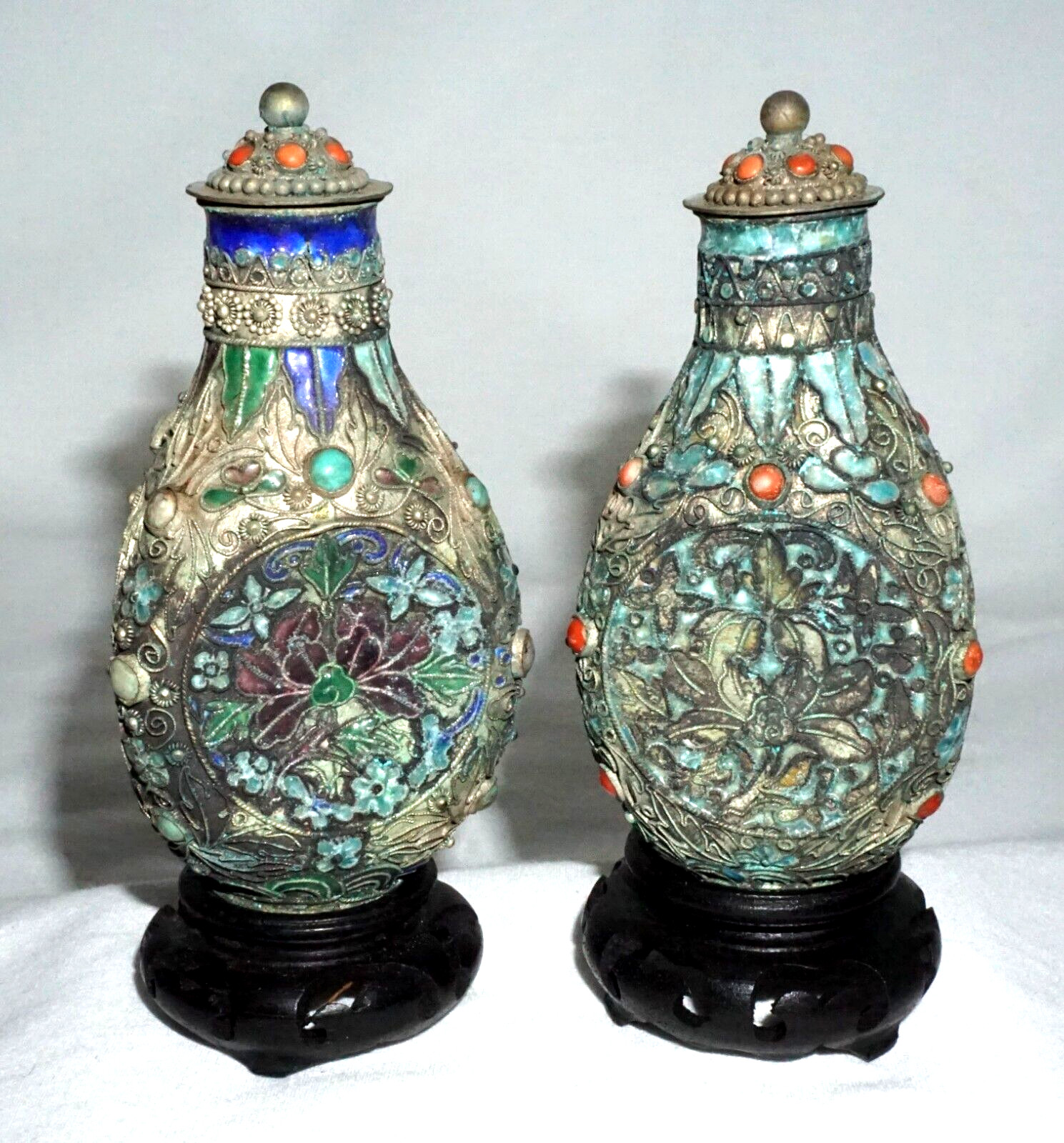 2Pc Chinese Silver & Enamel Coral & Turquoise Floral Snuff Bottles (LLA) IC