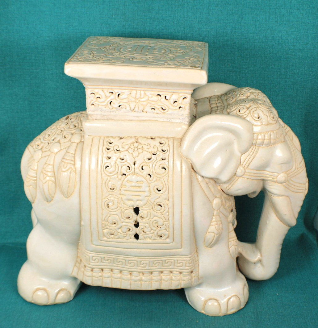 Mid Century Asian Style Ceramic Elephant Plant Stand Beige/ Off -White