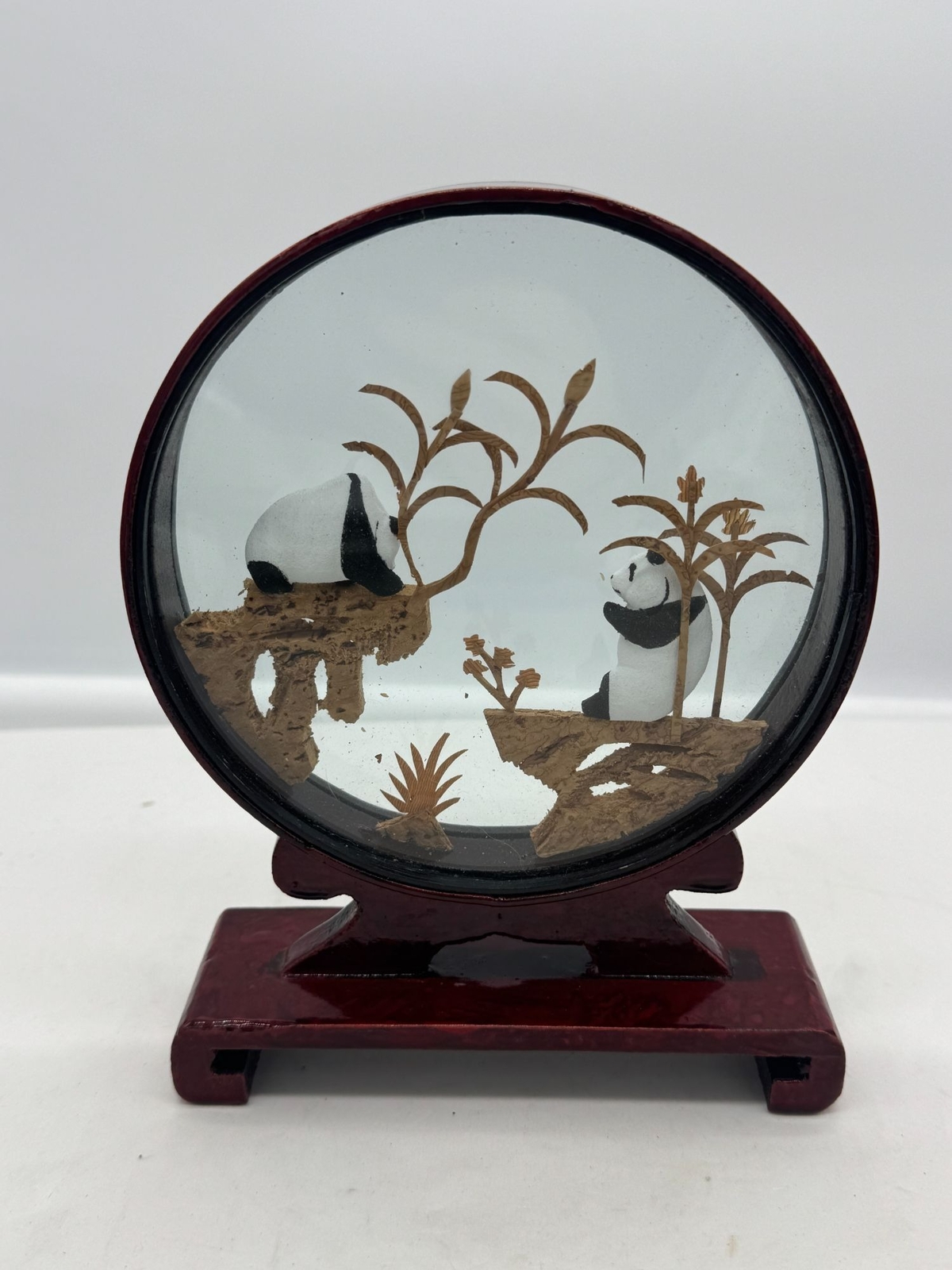 Vintage Chinese Cork Diorama Panda Bears Dark Wood Frame