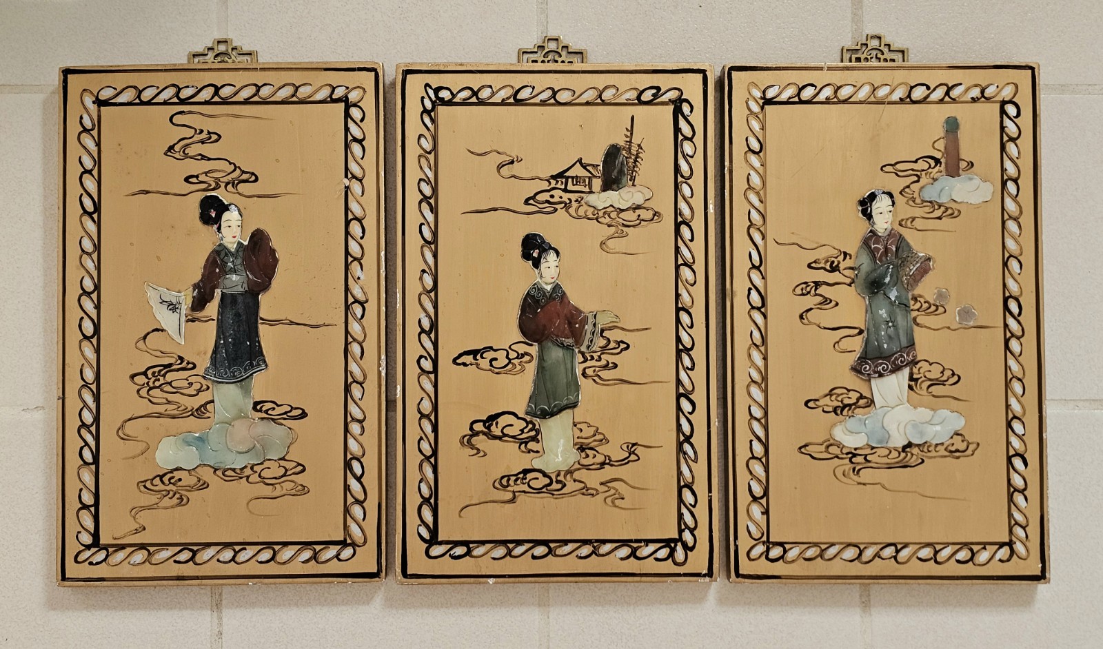 3 Painted Wood ASIAN ART PANELS Inlaid Stone 3D Geisha Figures Chinese VTG Decor