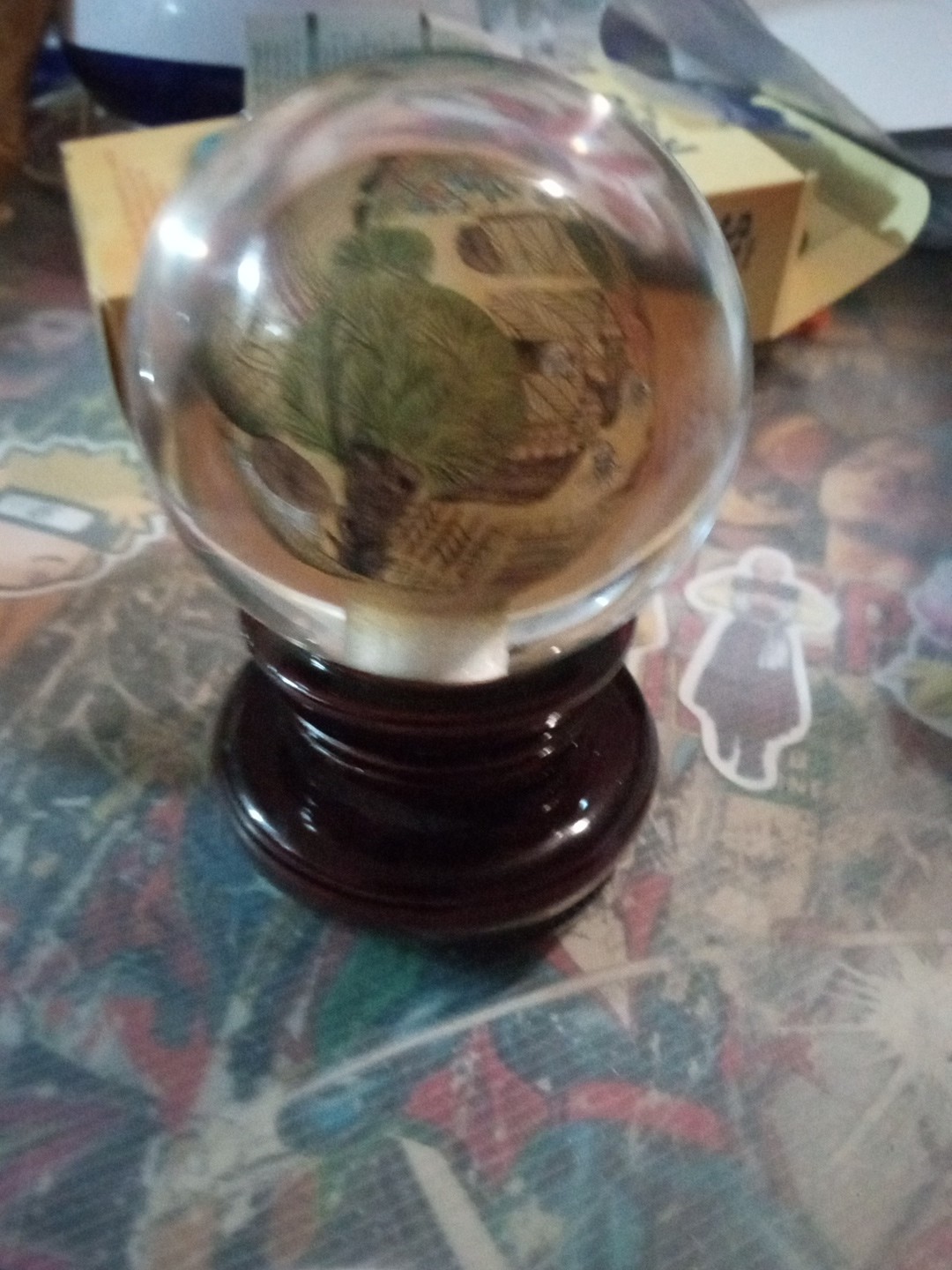 Vintage Chinese Hand Reverse Painted Glass Globe / Wooden Base Stand – 5″ Sphere