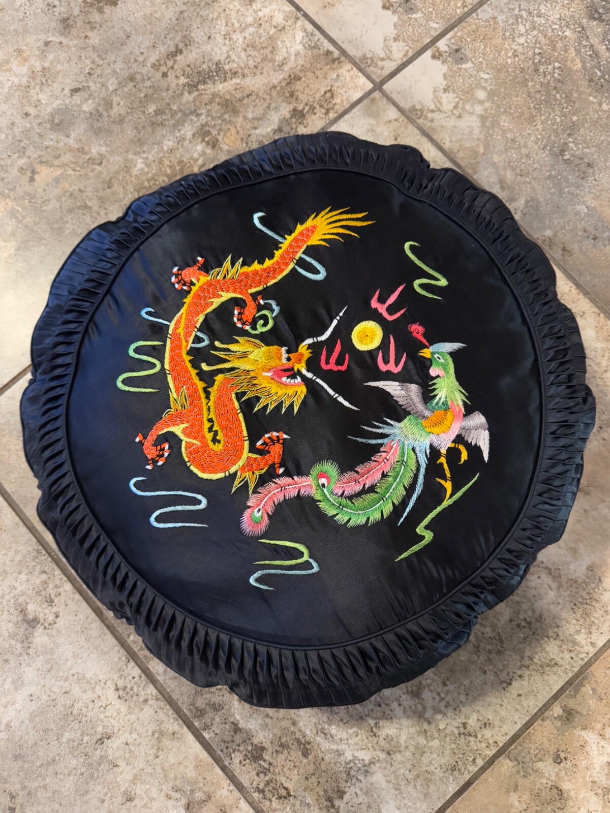 Golden Bee 1980s Vintage Chinese Silk Pillow Black with Chinese Dragons