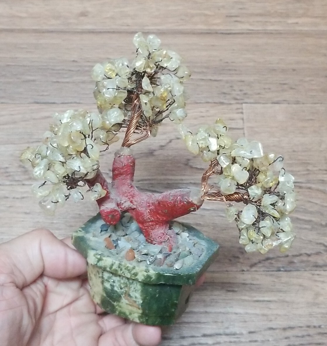Vintage 6″ Stone Asian Vintage Carved Bonsai Tree Copper Wire with Stone Pot