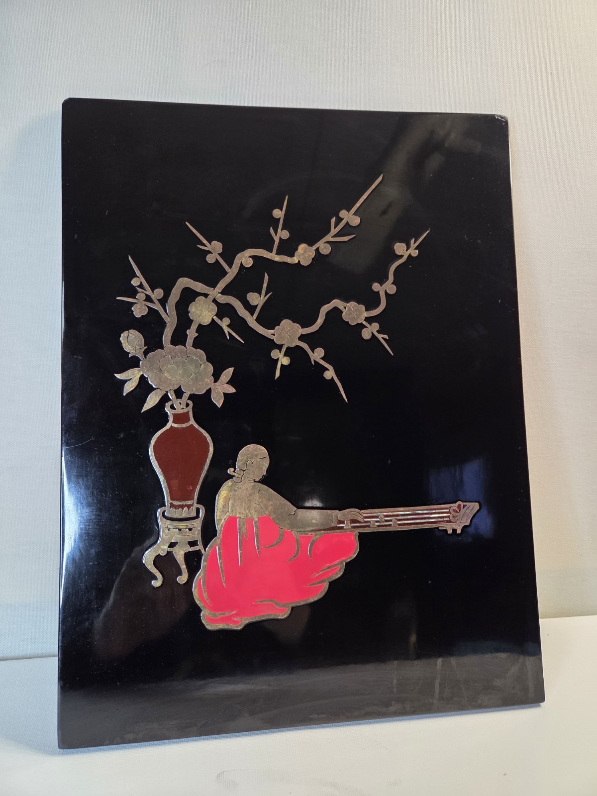 Vtg Asian Black Lacquer Mother of Pearl &Copper Wall Art Chinese 11×14 see pics