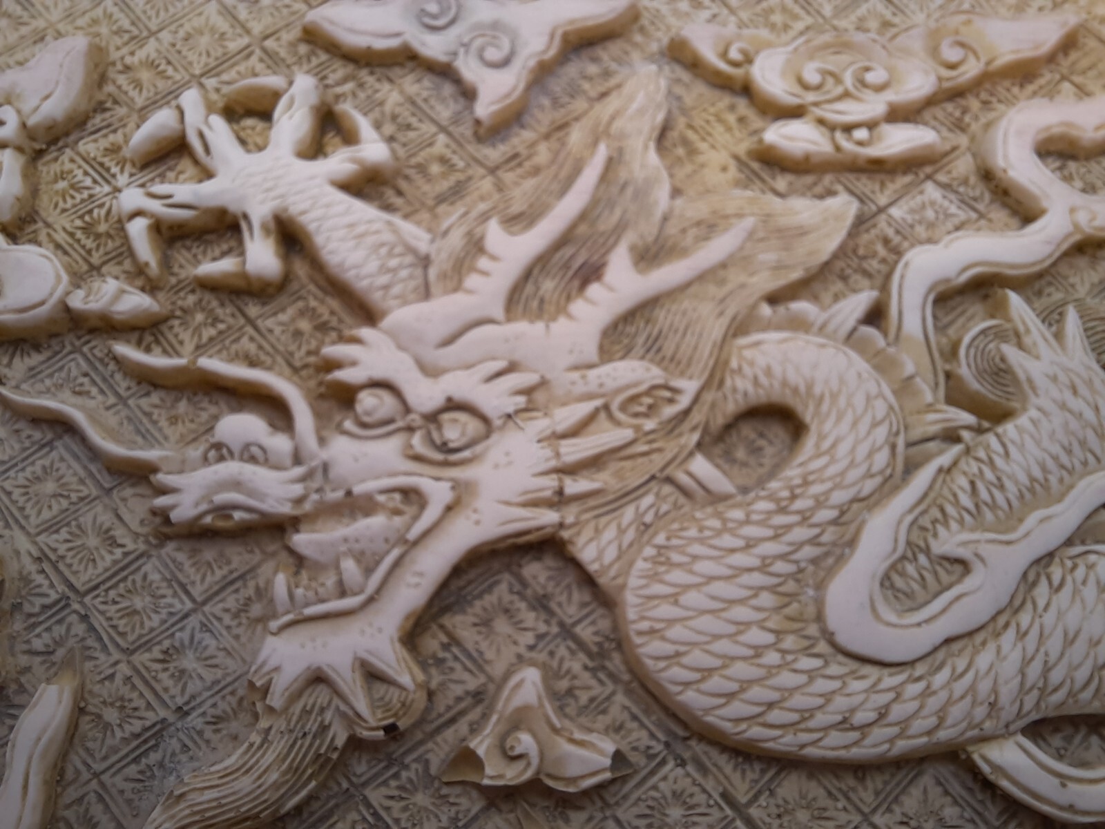 Vintage Asian Carved Resin High Relief Dragons Flaming Pearl and Florals Tray