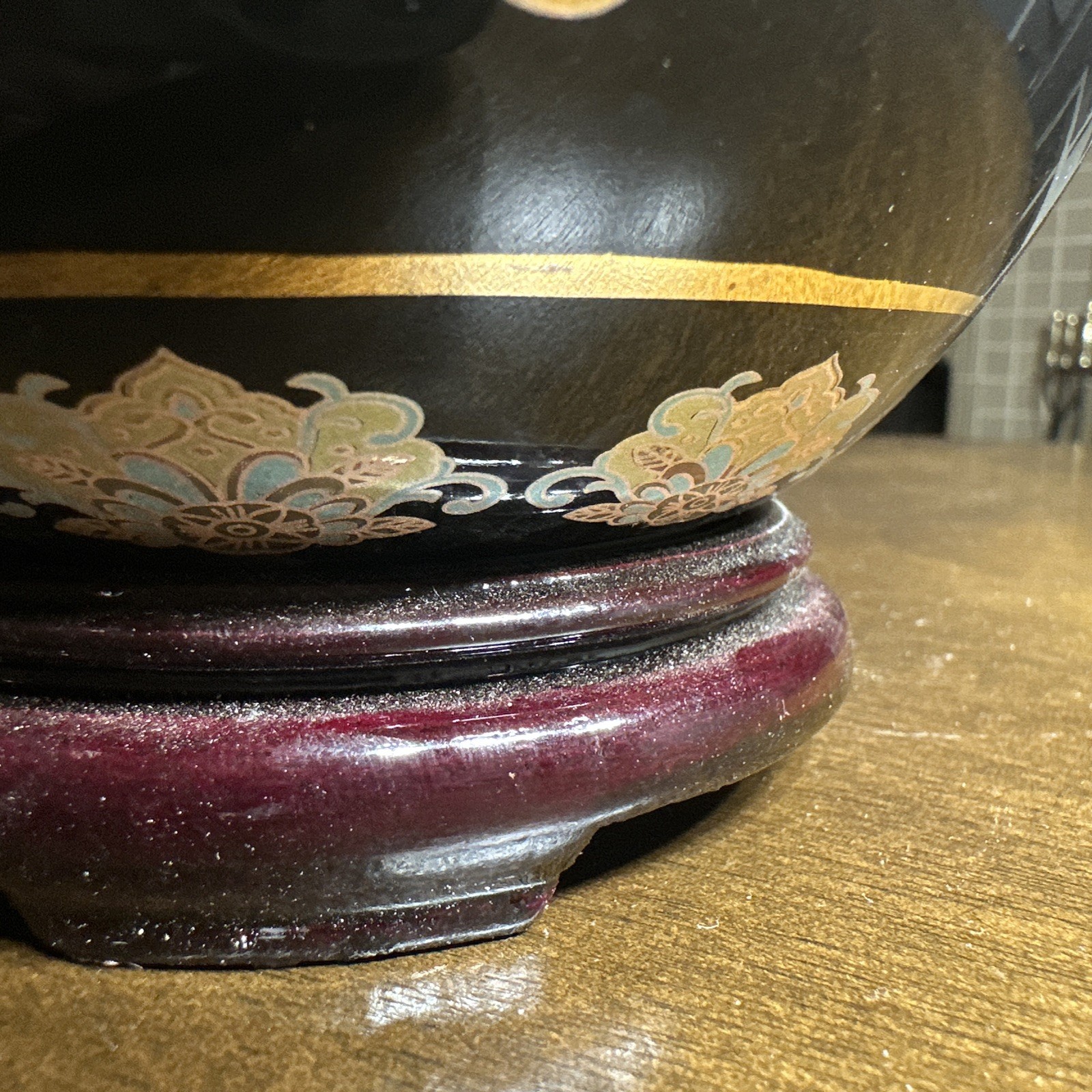 Vintage Large Satsuma Chinese Porcelain Egg Black Gold Moriage Bird Floral 9.5″