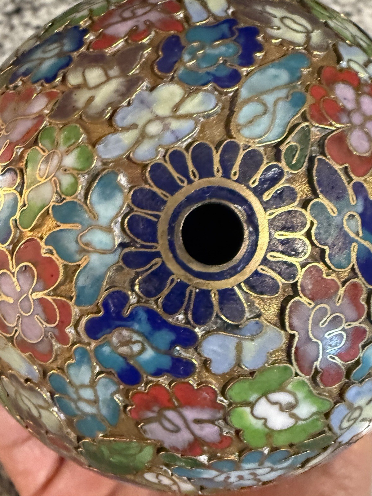 Vintage Chinese Cloisonné Large Gilded Egg w/ Wood Stand Floral, Millefleurs