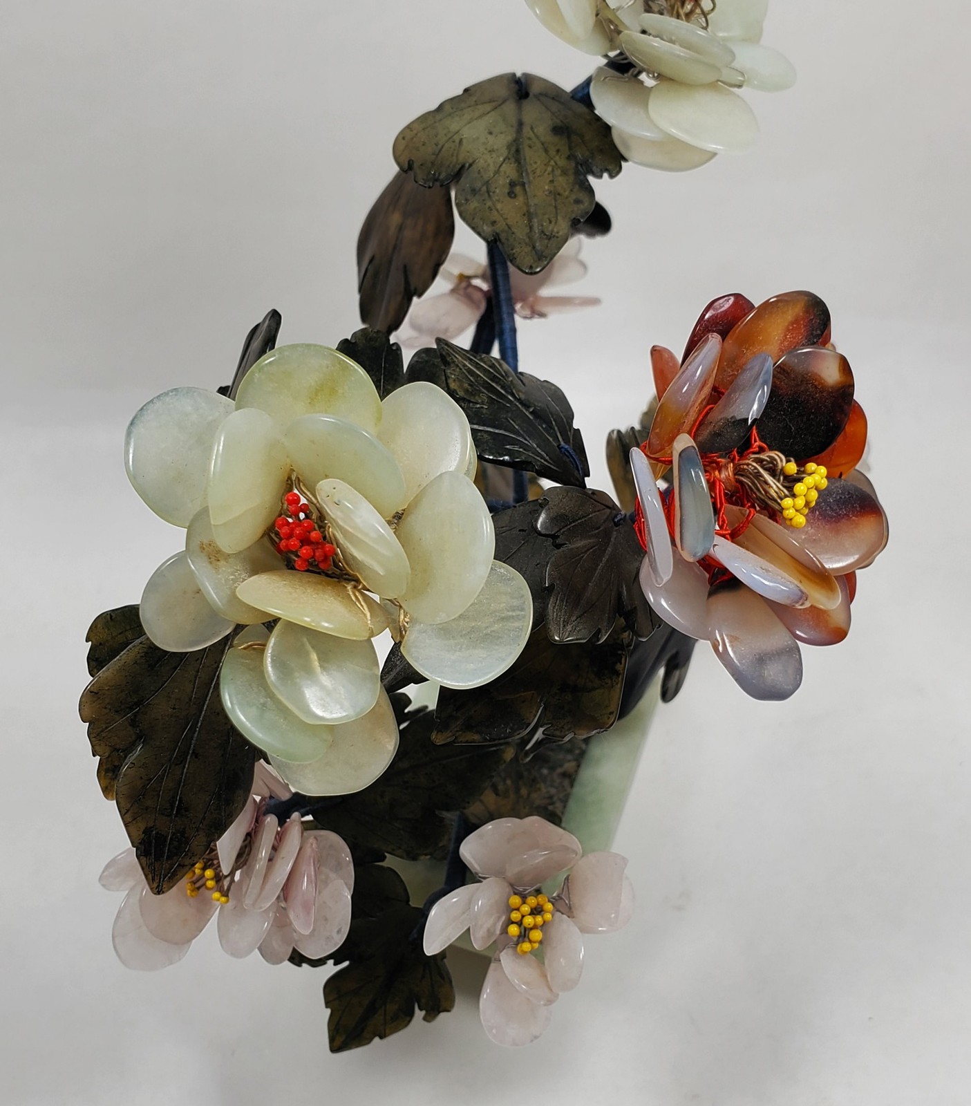 vintage hand carved Jade/Jadite Bonsai potted Tree. 8-1/2” tall. Multicolor