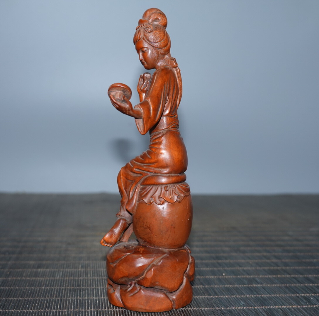 6.3″ Collect China Boxwood Carving Beauty Beautiful Woman Looking Mirror Statue