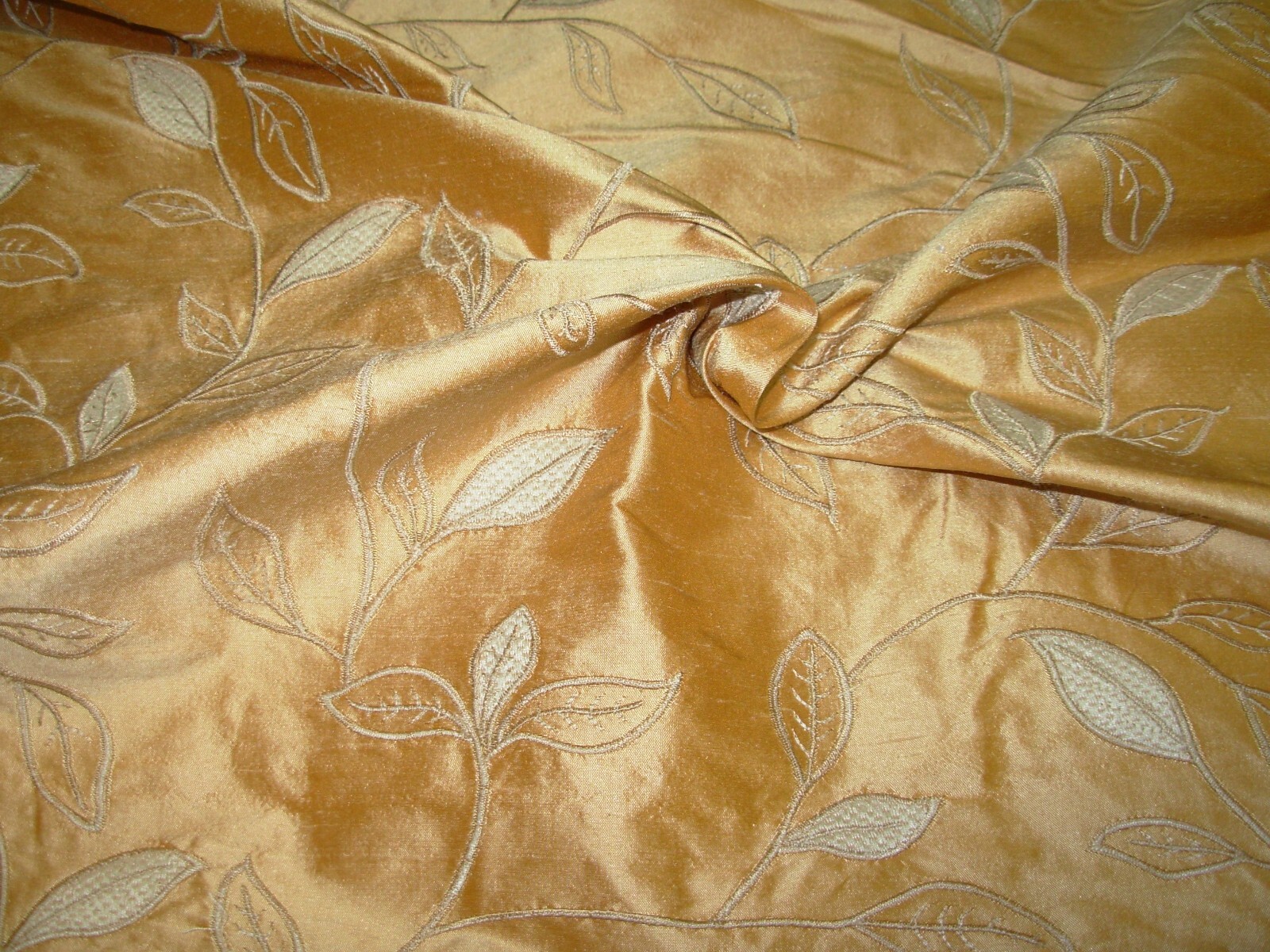 10 3/8 YDS 100% SILK EMBROIDERED LEAVES PEACH UPHOLSTERY DRAPERY FABRIC FOR LESS