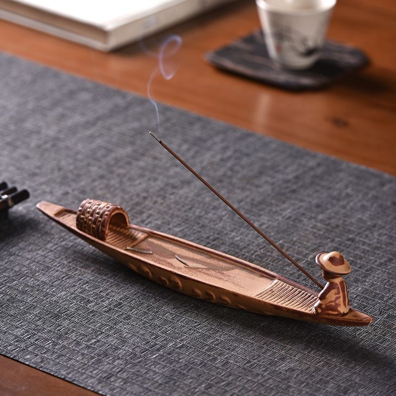 Chinese Leaf Boat Incense Holder Ceramic Stick Base Home Office Ornament Gift