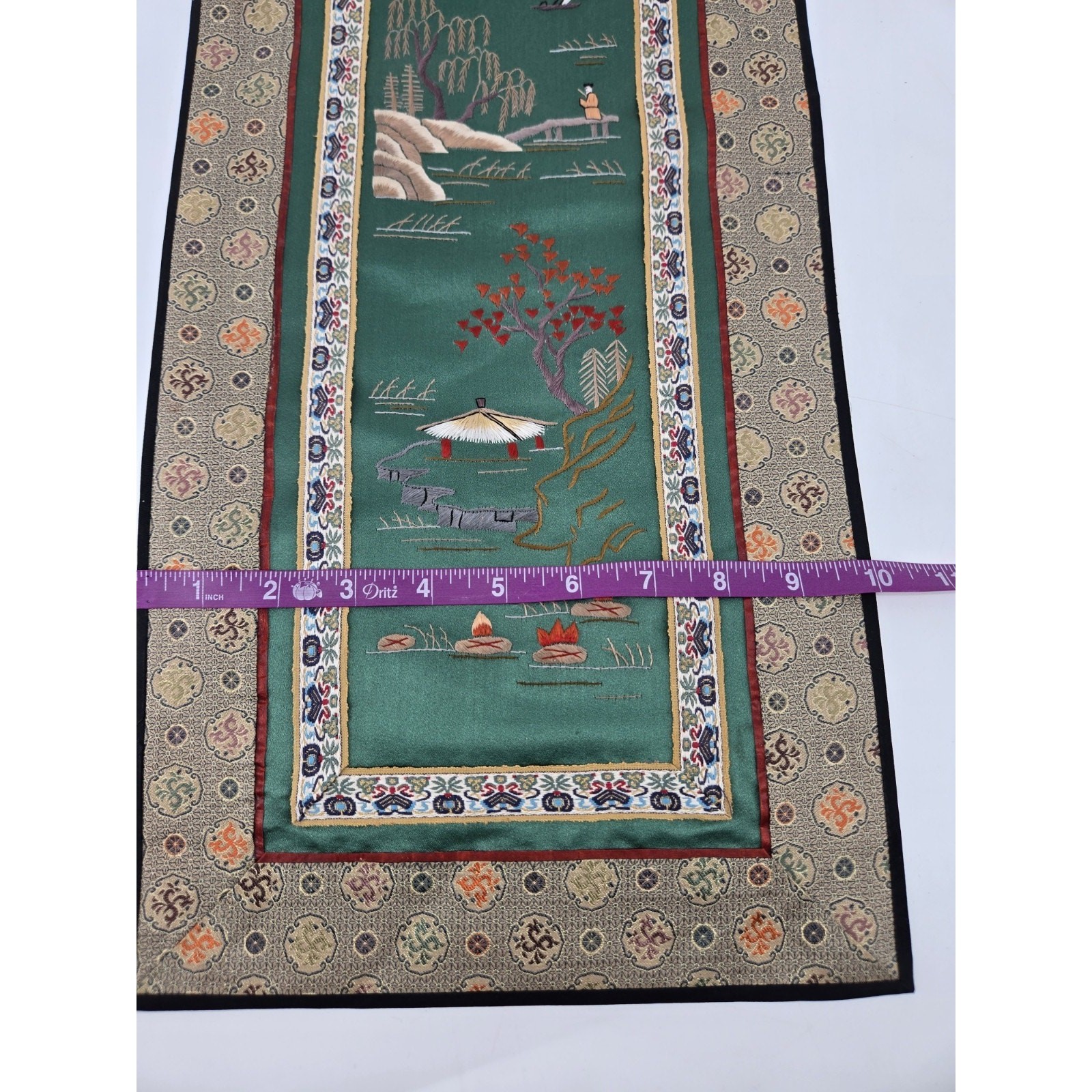 Vintage Chinese Hand Embroidered Silk Pagoda Tapestry Decorative Fabric Panel