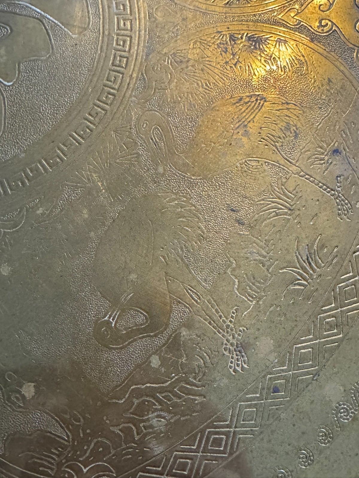 2 Vintage Chinese Heavy Tooled Motif Round Brass Tray 24″ w/ Raised Riveted edge
