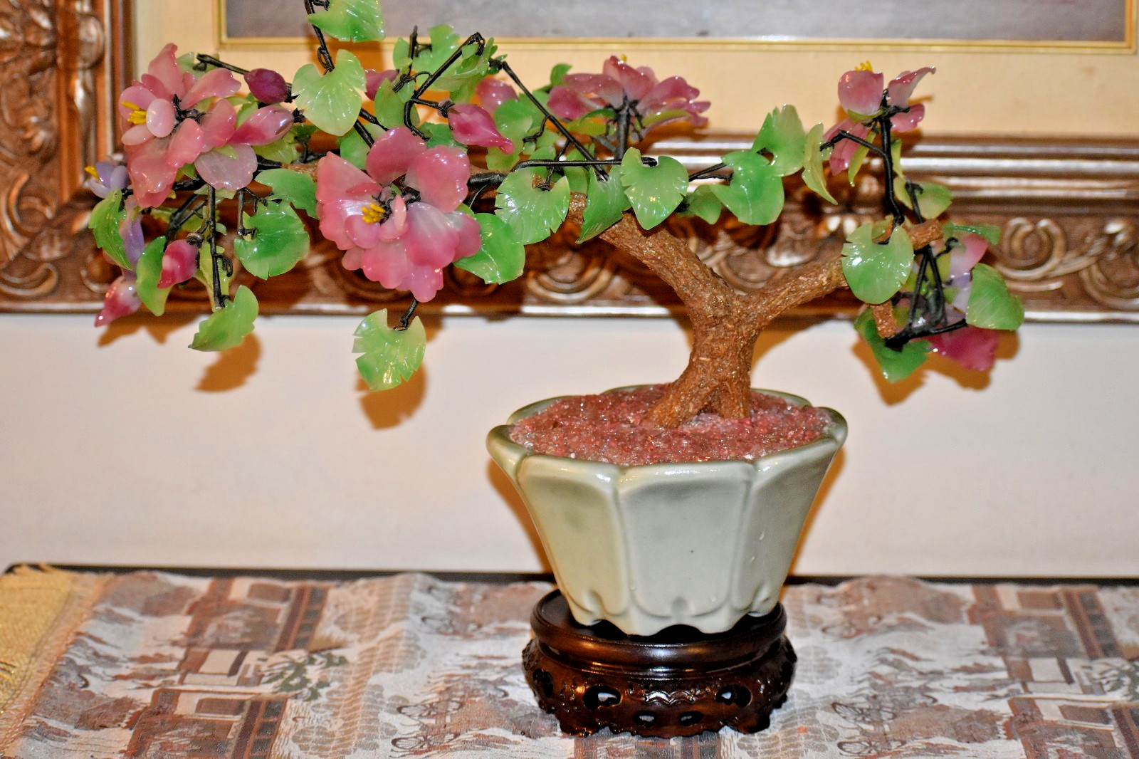 16″ VINTAGE BONSAI PEONY PEKING GLASS/JADE TREE IN OCTAGON CELADON BOWL W/BASE