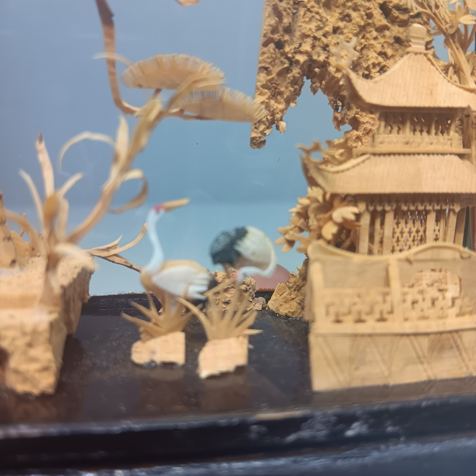 VTG Chinese Cork Carving Diorama Shadow Box Asian Art Pagoda Cranes 4″x4.5″x1.5″