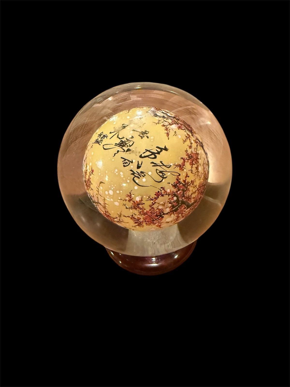 ASIAN REVERSE PAINTED GLASS SPHERE CHERRY BLOSSOM CALLIGRAPHY WOOD STAND