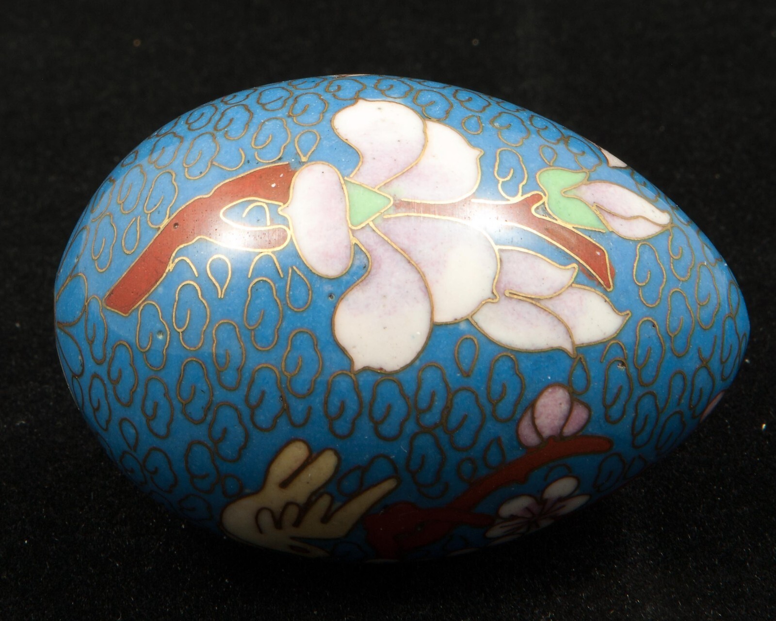 VTG Chinese Floral on Blue Cloisonne Enamel Metal Egg 2-1/2″ Tall w/Stand
