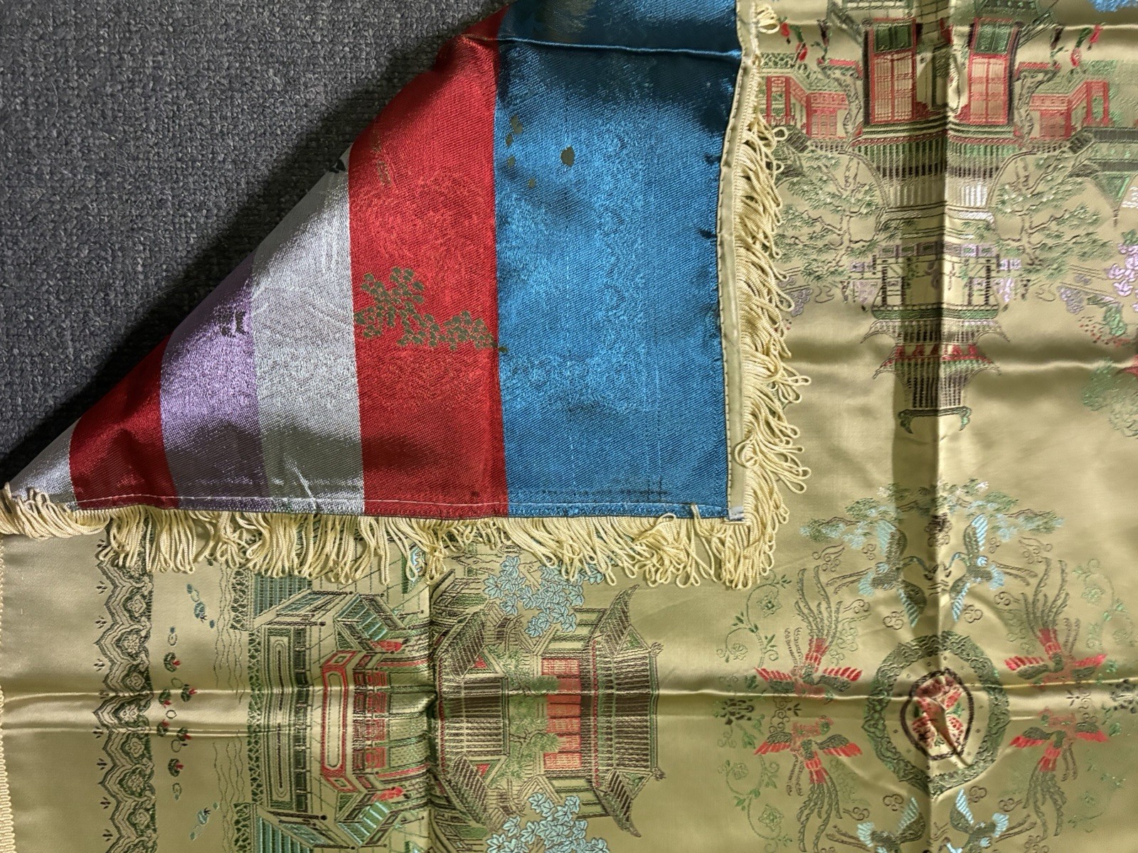 Vintage Chinese Brocaded Flowers Silk Piano Shawl Table Topper 38” Square