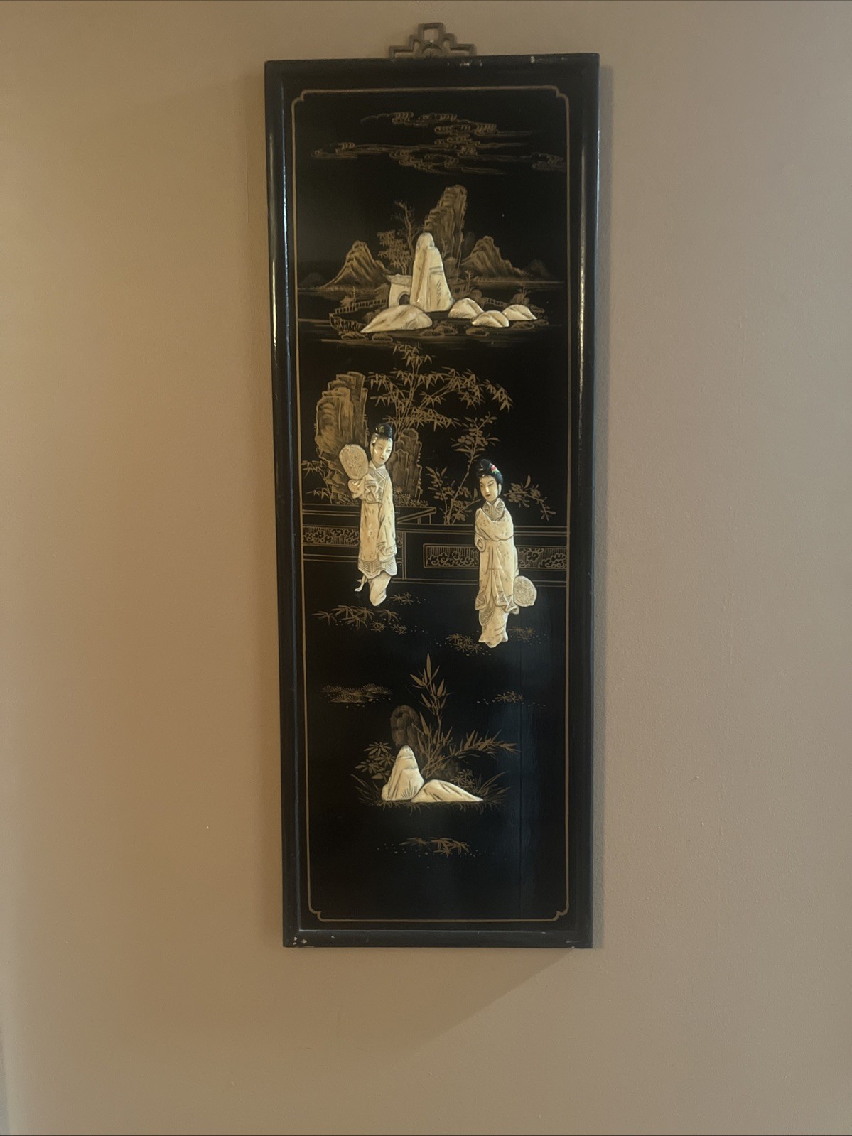 VTG 2 Asian Oriental BLACK Lacquer “Mother of Pearl Ivory Tone”Panels FREE SHIP