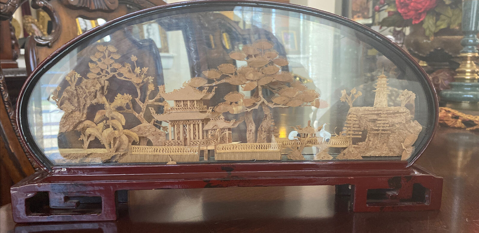 Vintage Large Chinese Cork Art In Glass Box Birds Garden Soothing Scenery 14” L