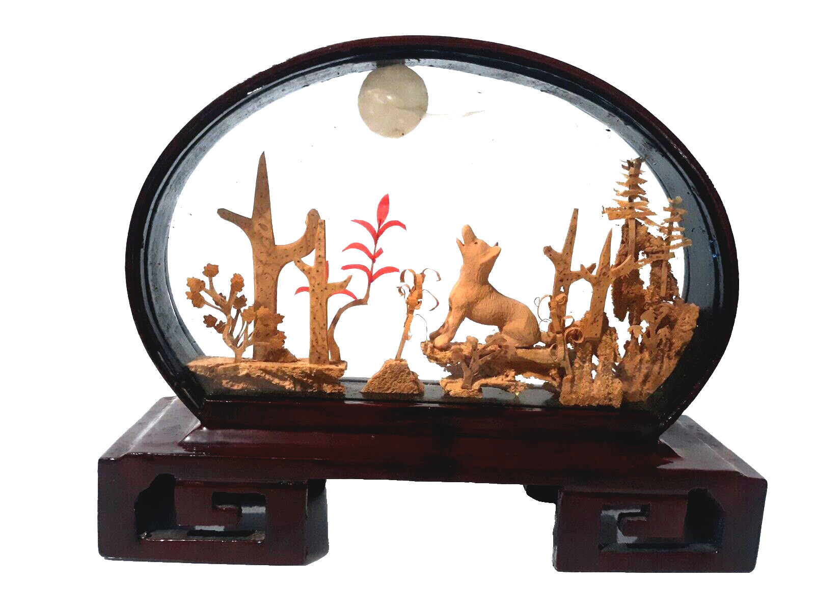 VTG Chinese Art Cork Hand Carved Diorama Bamboo Frame Desert Scene Howling Moon