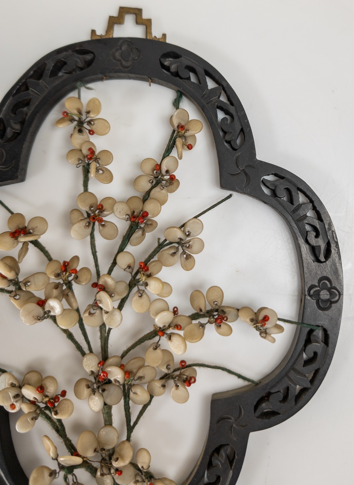 Vintage Chinese Faux Jade Peking Glass Prunus Flower Wall Hanging