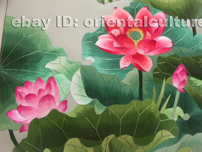 Chinese 100%hand embroidered silk brocade mounted suzhou embroidery:Lotus flower