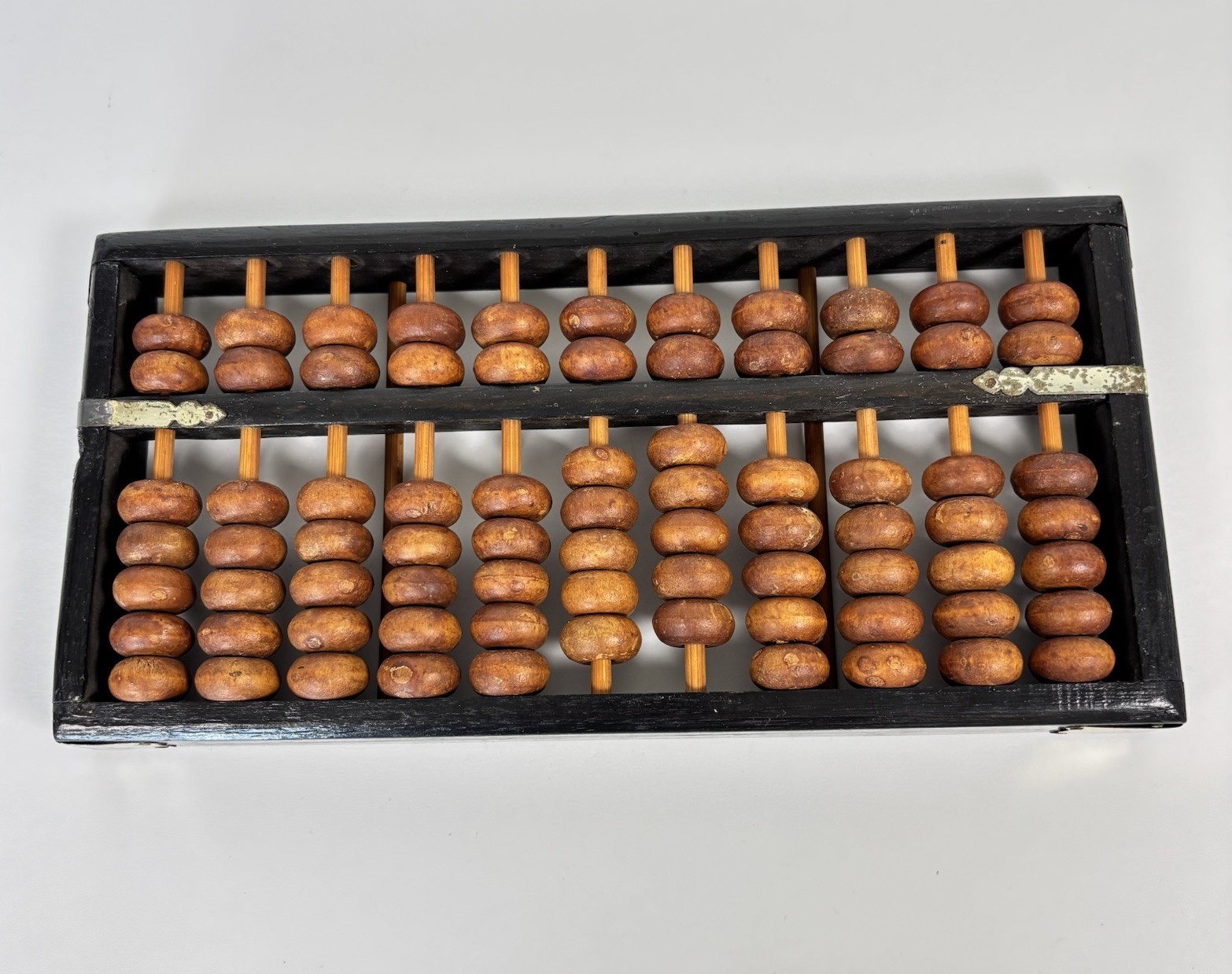 Vintage Wood Abacus 11 Rods 77 Wooden Beads Brass Corners Asian Calculator
