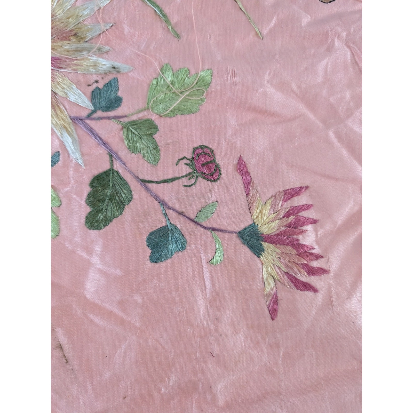 Vintage Chinese Hand Embroidered Floral & Butterfly Silk Textile 23x18in