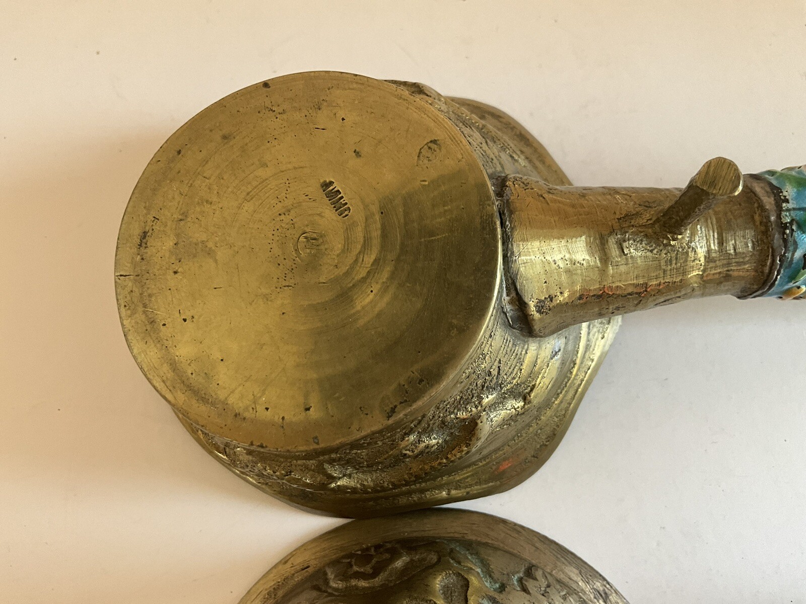 2 Different Vintage Cast Brass & Enamel Chinese Silk Iron Irons
