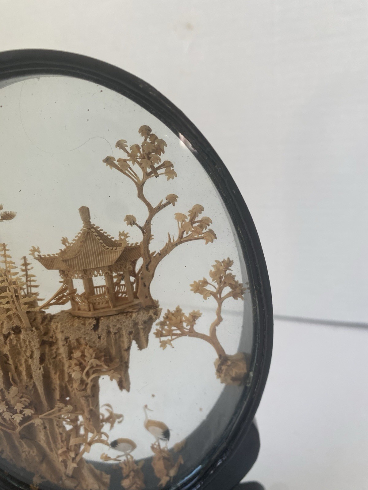 VTG Oriental Hand Carved Cork Art Diorama Pagoda Lacquer Frame Asian Chinese