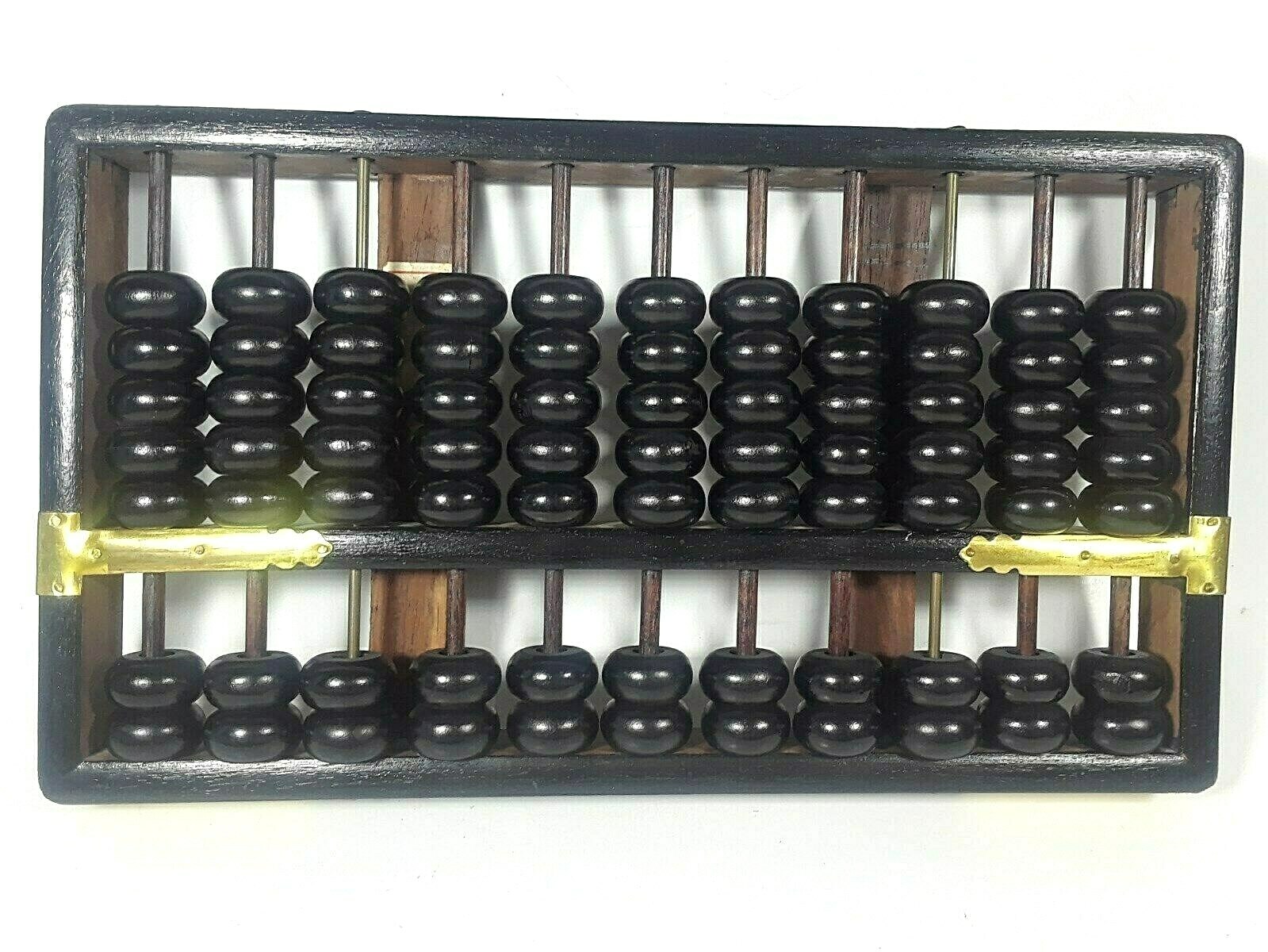 Vintage Abacus -11 RODS 77 BEADS Wood Black Painted Brass Accents Hong Kong