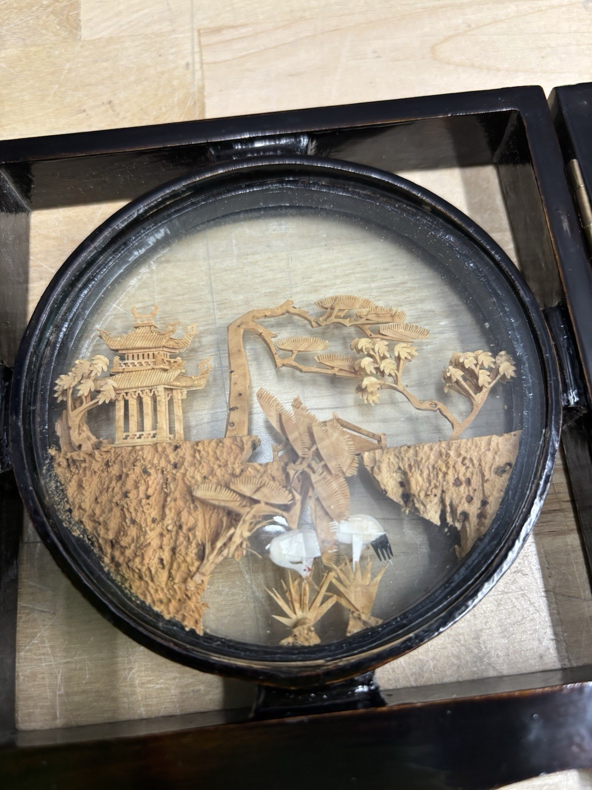 Vintage Chinese Cork Art Hand Carved Tri-Fold Diorama Box Pagoda Trees Cranes