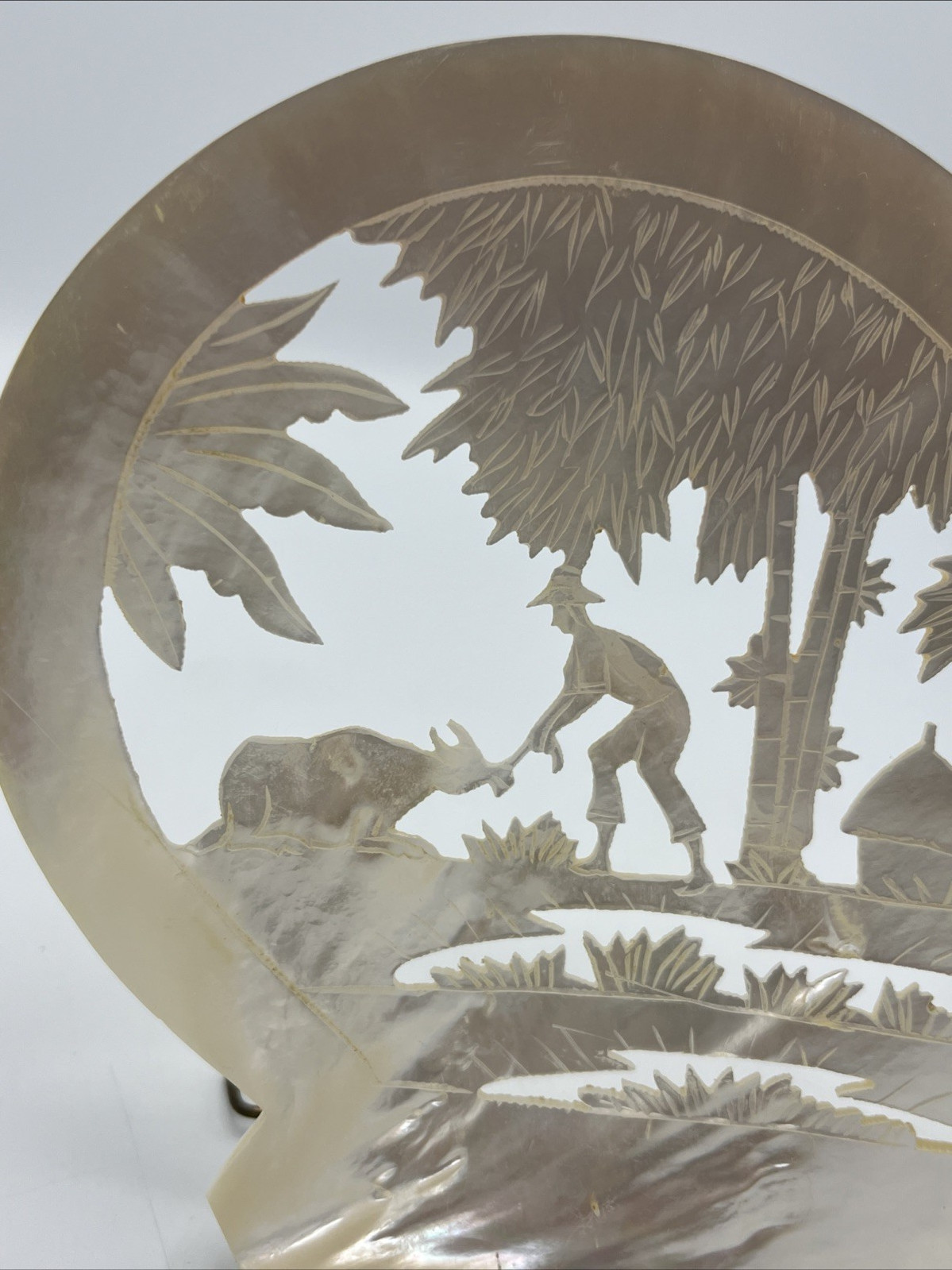 Carved Mother of Pearl Shell Asian Scene with Stand 6″ Tall